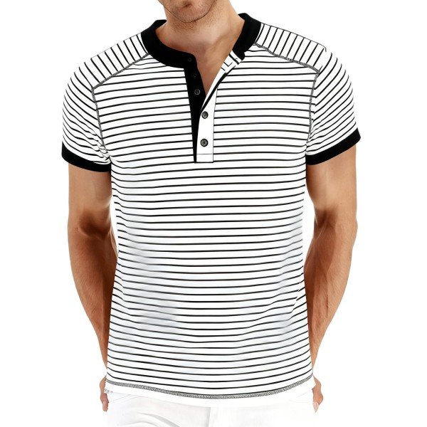 Men's Black and White Striped Henley Short-Sleeve Shirt with Contrast Trim