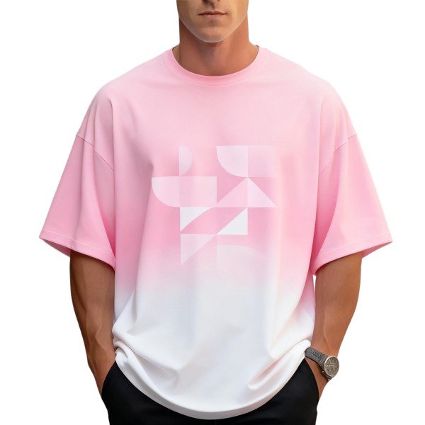 Men's Pink to White Ombre Oversized Short-Sleeve Crew Neck T-Shirt with Geometric Print